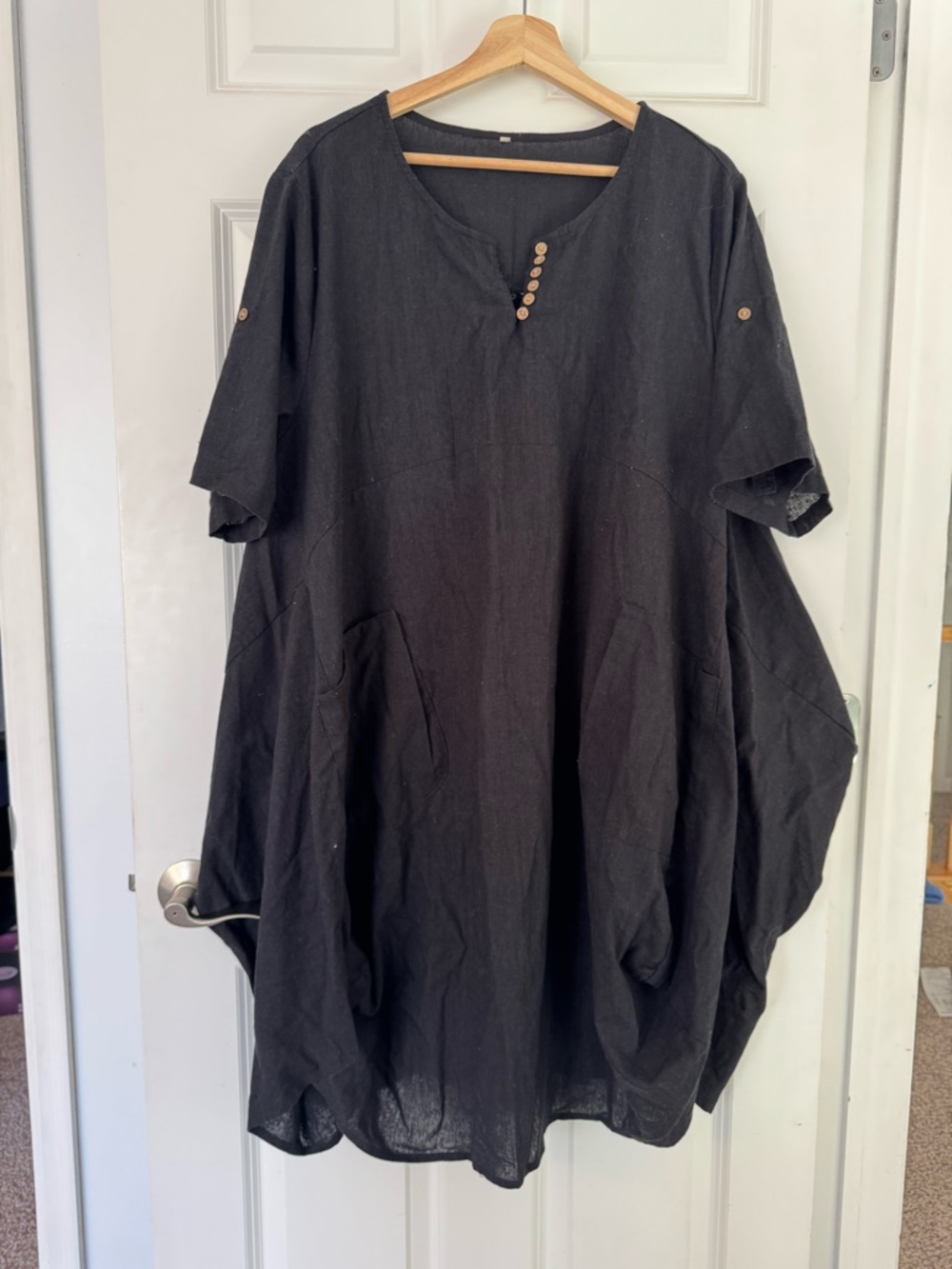 Minibee black oversized cotton linen tunic dress lagenlook cocoon smock pockets